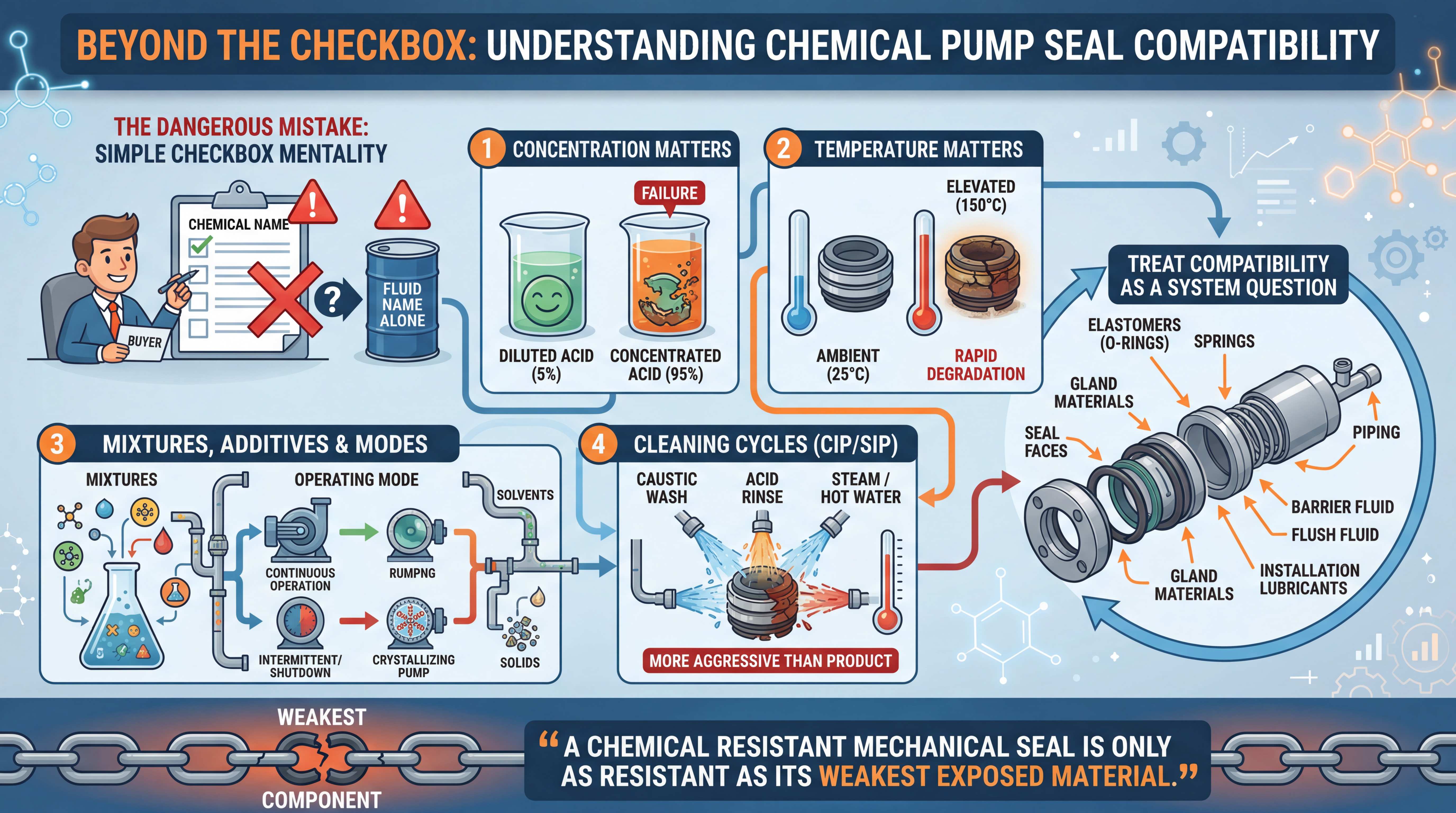 Chemical pump seal compatibility checklist showing concentration temperature mixtures cleaning cycles elastomers springs seal faces flush fluid and barrier fluid selection